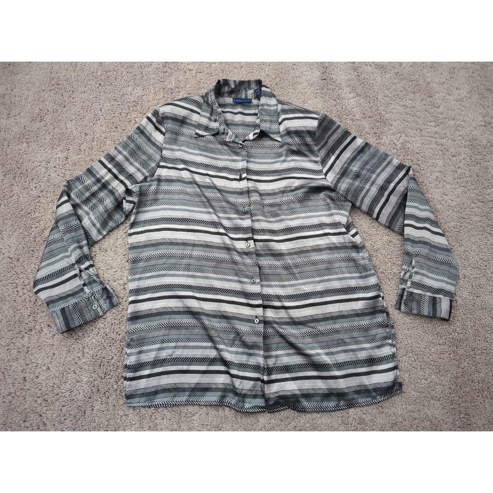 Karen Scott Button Up Shirt Womens L Gray Striped Long Sleeve